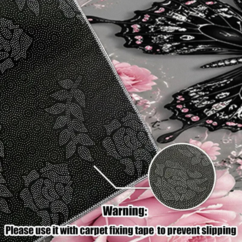 1Pc Light Luxury Retro Pink Rose Black Butterfly Printed Carpet, Warm Home Decoration, Artistic Decorative Carpet, Suitable for Living Room, Bedroom, Dining Room, Bedside, Indoor and Outdoor Patio, Home Decoration