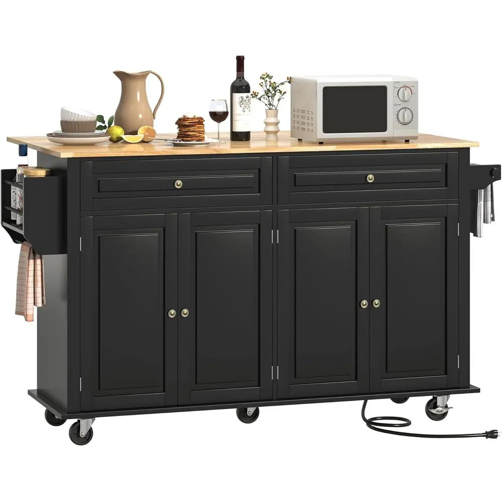 63" Movable Kitchen Island with Drop Lea and Power Outlet, Rolling Island Cart w/Storage Cabinet, Island Table on Wheels or Kitc