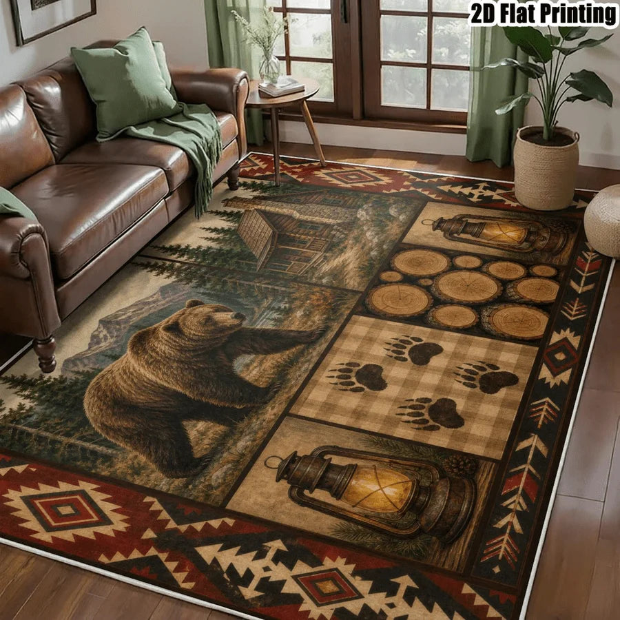 1Pc American Retro Bohemian Brown Bear Cabin Carpet, Machine Washable, Unique Decor, Retro Style Home Essential, Suitable for Living Room, Bedroom, Entryway, Office, Balcony and Other Areas