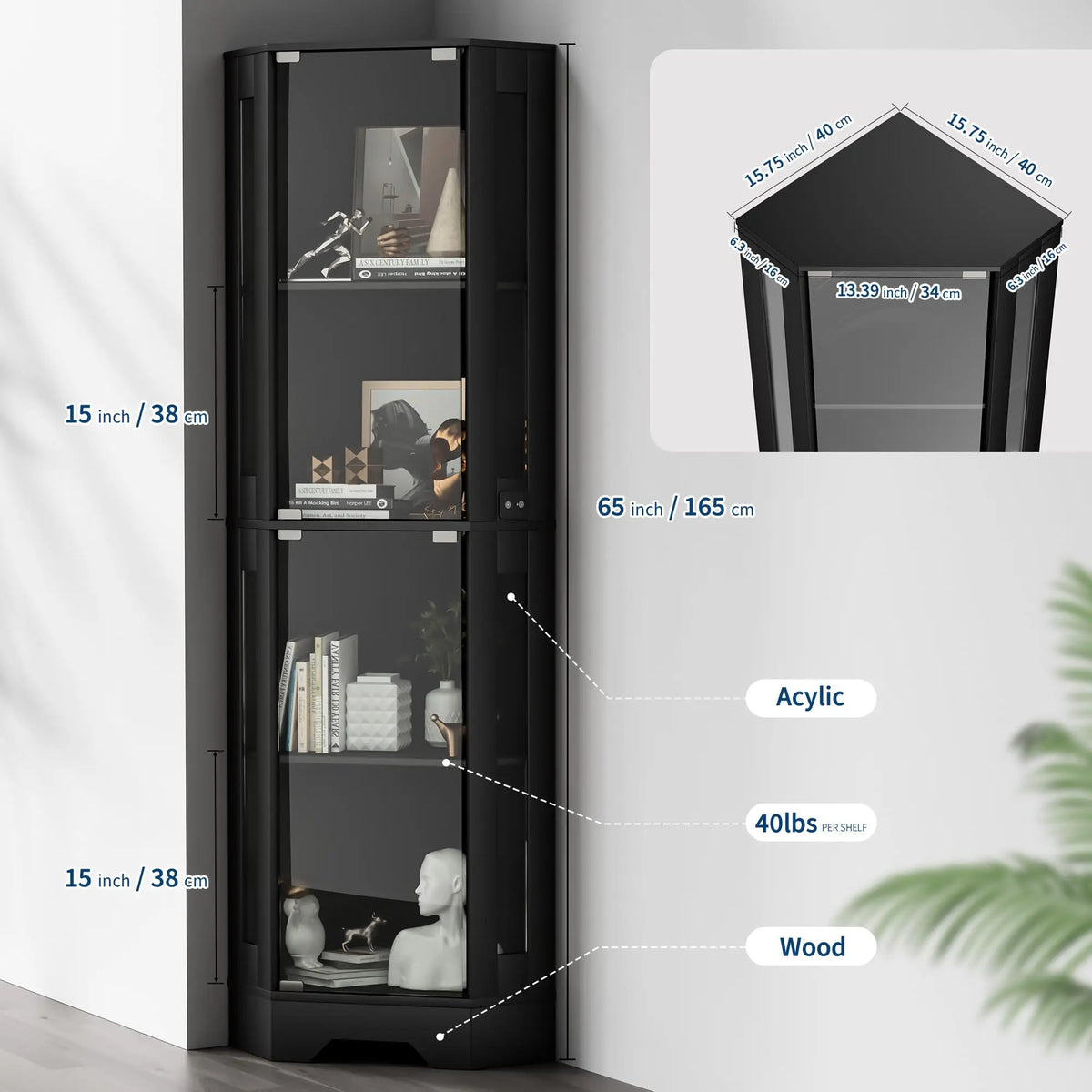 Modern Glass Display Cabinet for Dining Room, Corner Curio Showcase with 4 Tiers, Glass Doors, Lighted Shelves,Elegant Display for Collectibles, Figures, Toys, and Books