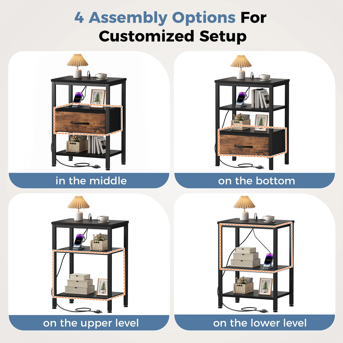 MCQ Nightstand Set of 2 Fabric Drawers with Charging Station Cabinets Bedside End Table Storage With Charging Station for Home
