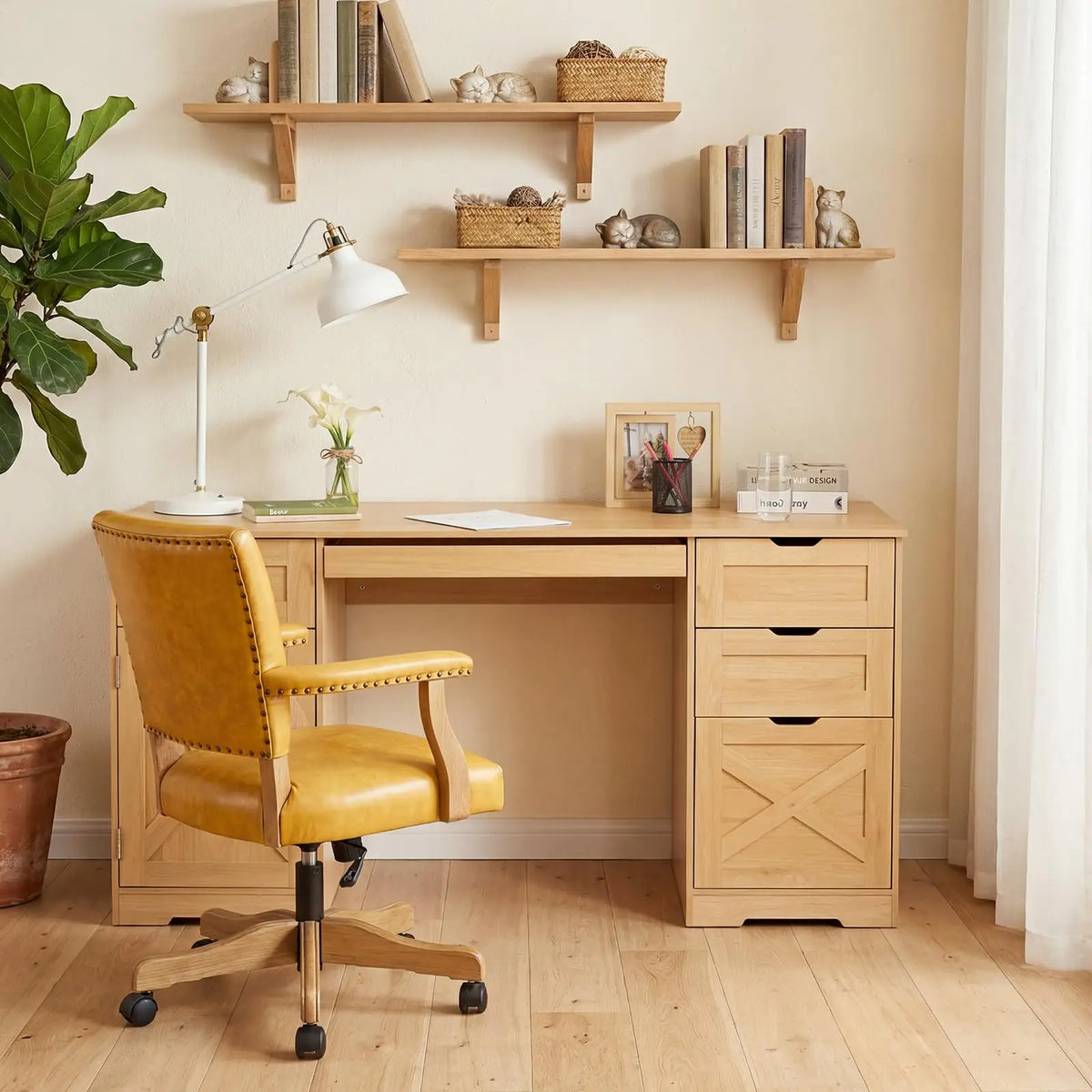 59 Inch Farmhouse Office Desk With 4 Drawers, Charging Station, Keyboard Tray, Storage Cabinet And Adjustable Shelf For Home Office Studio