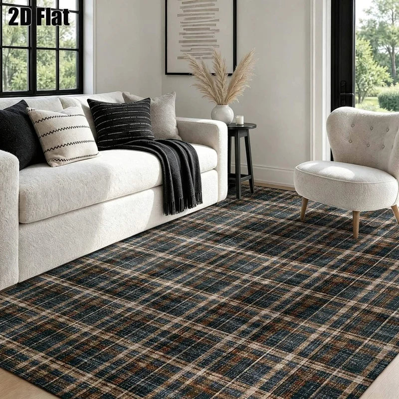 1Pc Retro Plaid American Style Rug, Country Style Decorative Mat for Living Room, Bedroom, Dining Room, Bedside, Indoor and Patio, Home Decoration Accessory