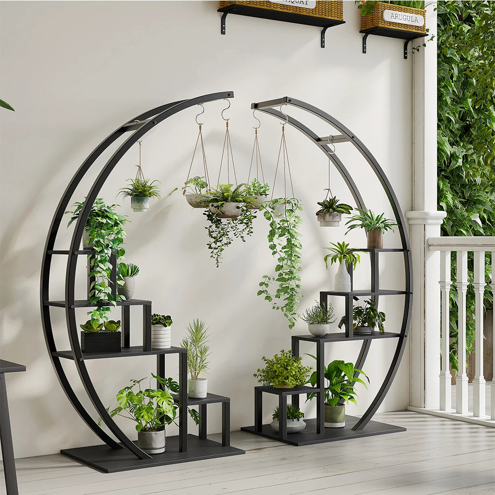 5 Tier Metal Plant Stand Pack of 2, Half-Moon Shape Plant Rack with Hanging Hooks, Tall Ladder Flower Display Shelf, Plant Holder for Home Decor, Garden, Balcony (Black)