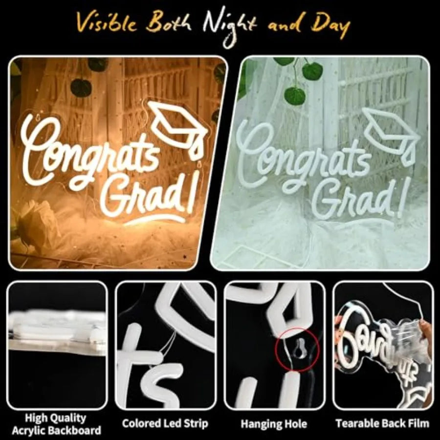Congrats Grad Neon Sign with Graduation Cap, 16*11In Warm White Grad Light Up Led Sign for Class of 2026 Graduation Party Decor