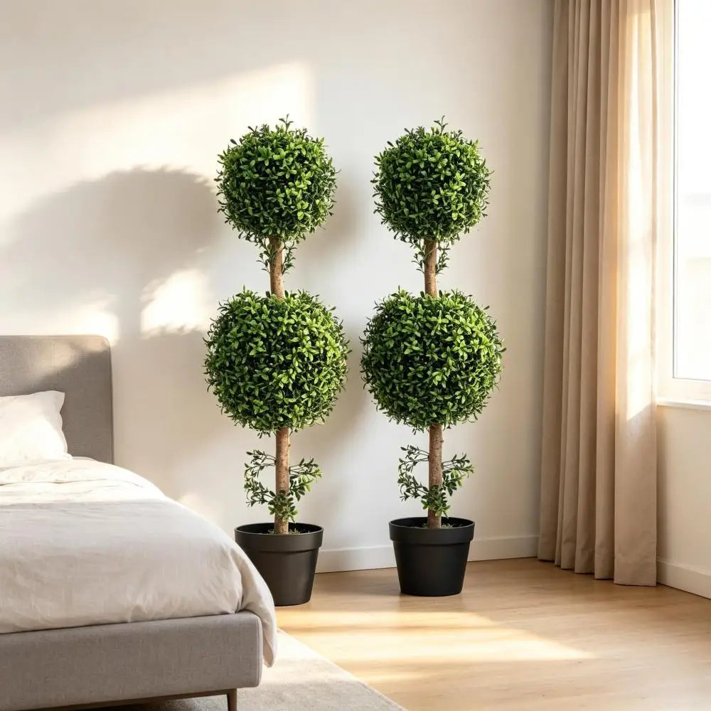Stylish Artificial Topiary,Double-Ball Topiary Tree in Pot,Chic Artificial Ball Boxwood Topiary Trees(Only 2Pcs Artificial Plant)