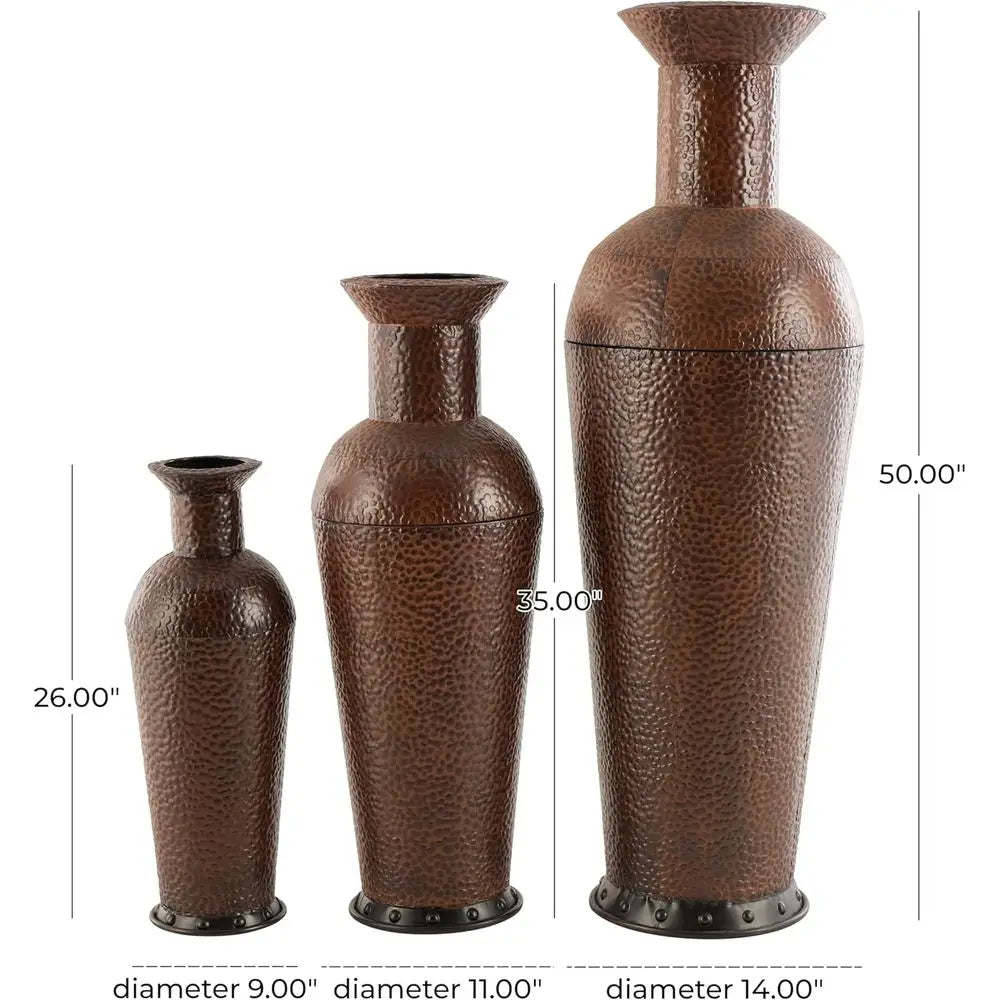 Set of 3 Tall Decorative Vases with Bubble Texture and Studs, 50, 35, 26H, Dark Brown for Indoor/Outdoor Home Decor