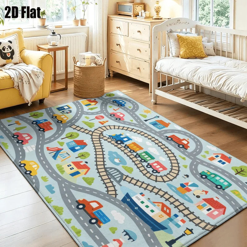 1Pc Cartoon Transportation Town Pattern Printed Rug, Retro Art Decorative Rug for Living Room, Bedroom, Dining Room, Bedside, Indoor and Outdoor Patio, Home Decor