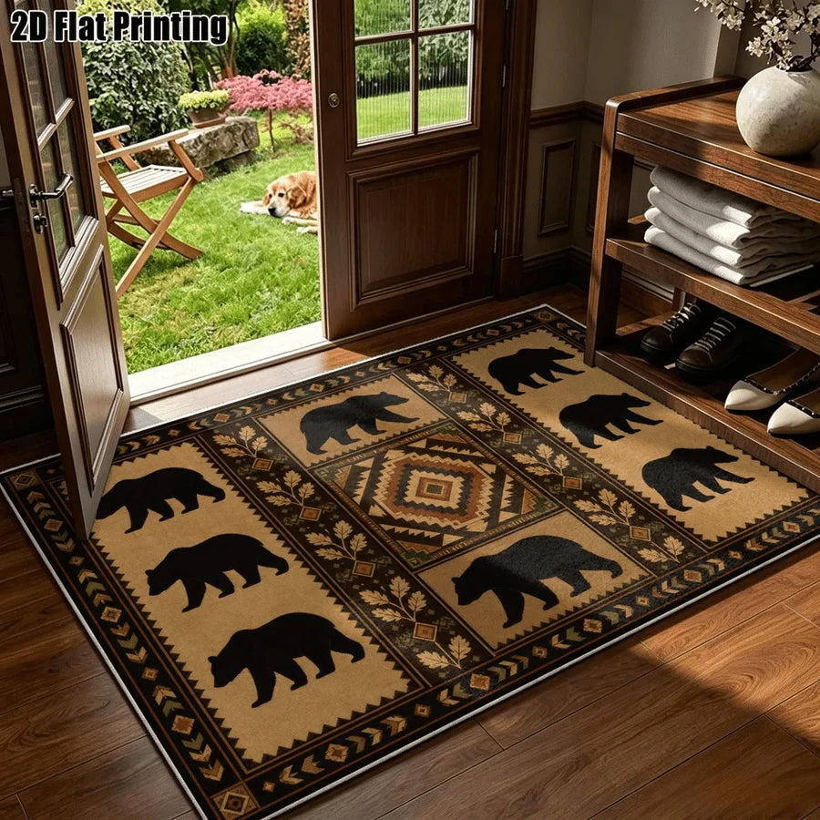 1Pc American Retro Bohemian Black Bear Pattern Carpet, Art Decorative Carpet, Suitable for Living Room, Bedroom, Dining Room, Bedside, Indoor and Outdoor Patio, Home Decoration