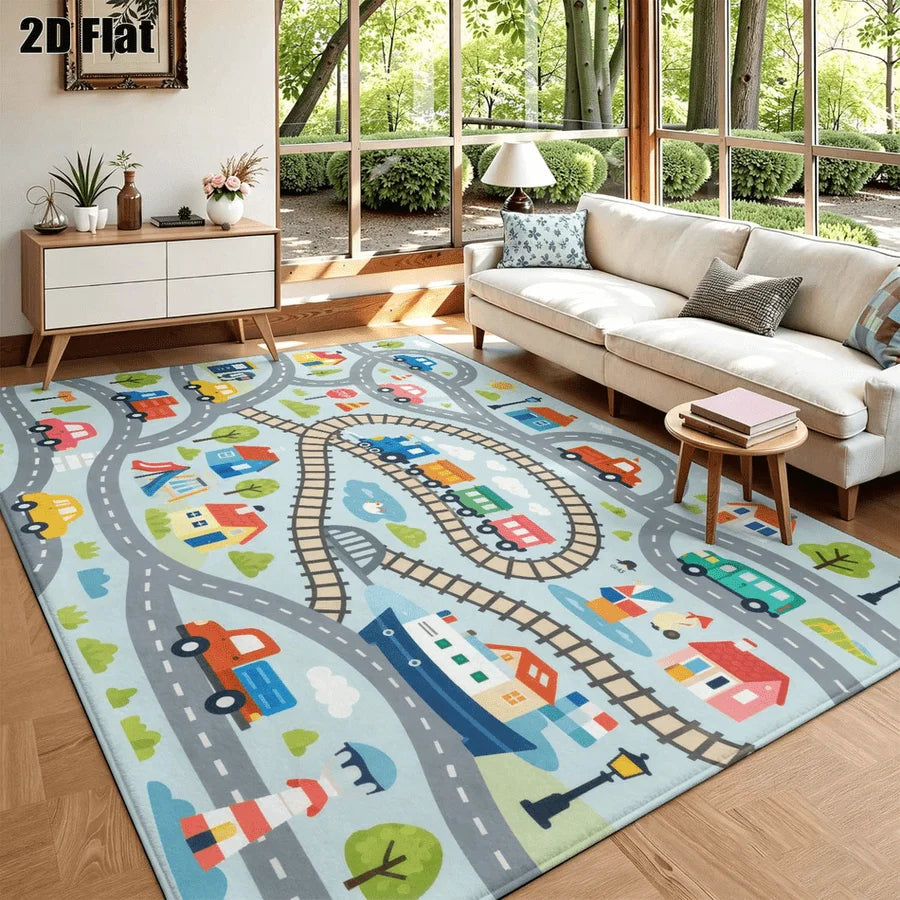 1Pc Cartoon Transportation Town Pattern Printed Rug, Retro Art Decorative Rug for Living Room, Bedroom, Dining Room, Bedside, Indoor and Outdoor Patio, Home Decor