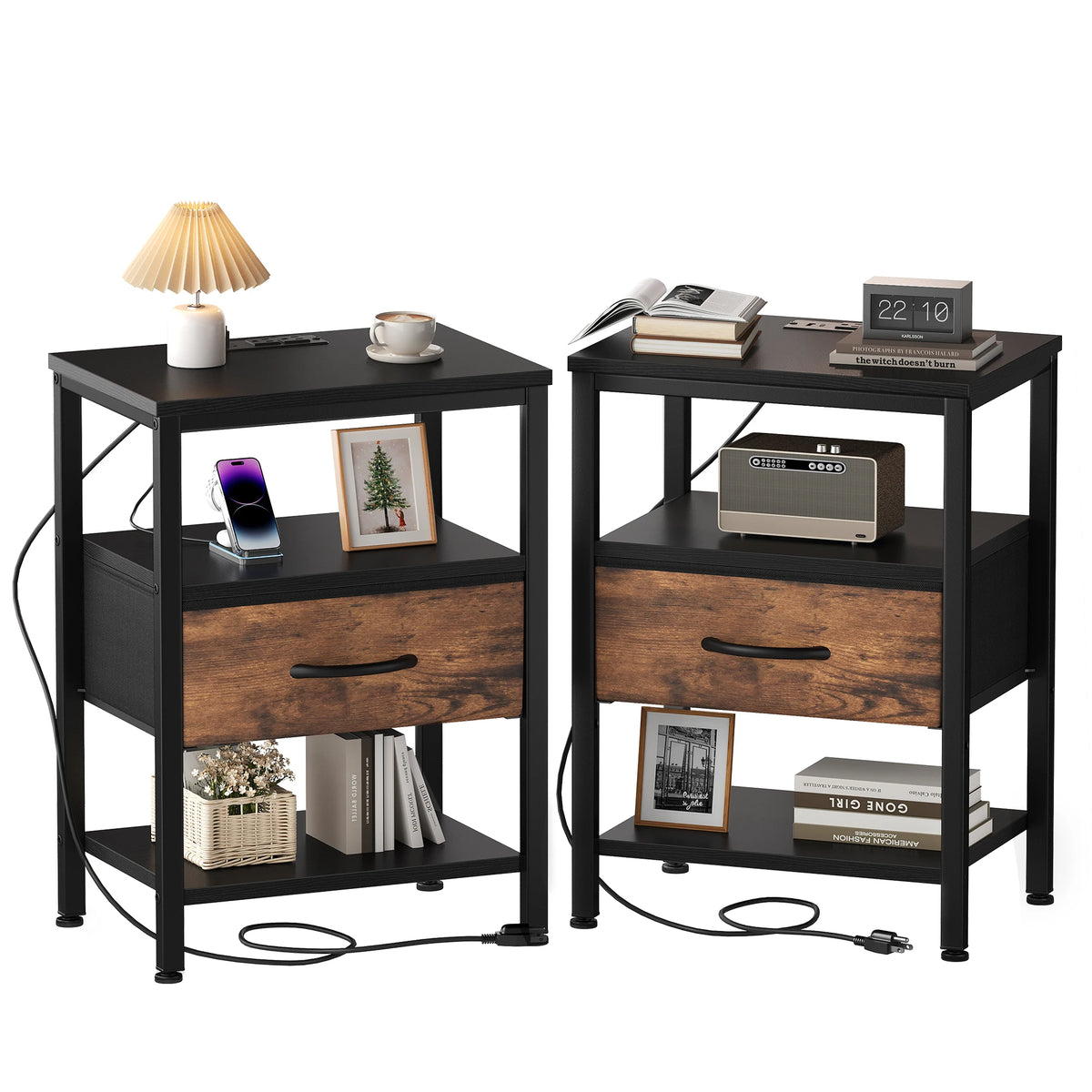 MCQ Nightstand Set of 2 Fabric Drawers with Charging Station Cabinets Bedside End Table Storage With Charging Station for Home