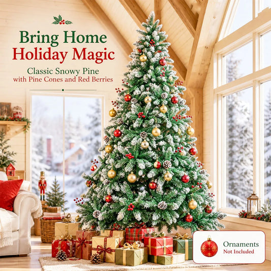 7FT 8FT Snow Flocked Artificial Christmas Tree with Pine Cones & Red Berries, Hinged Xmas Tree with Foldable Metal Stand for Indoor Holiday Home Decor