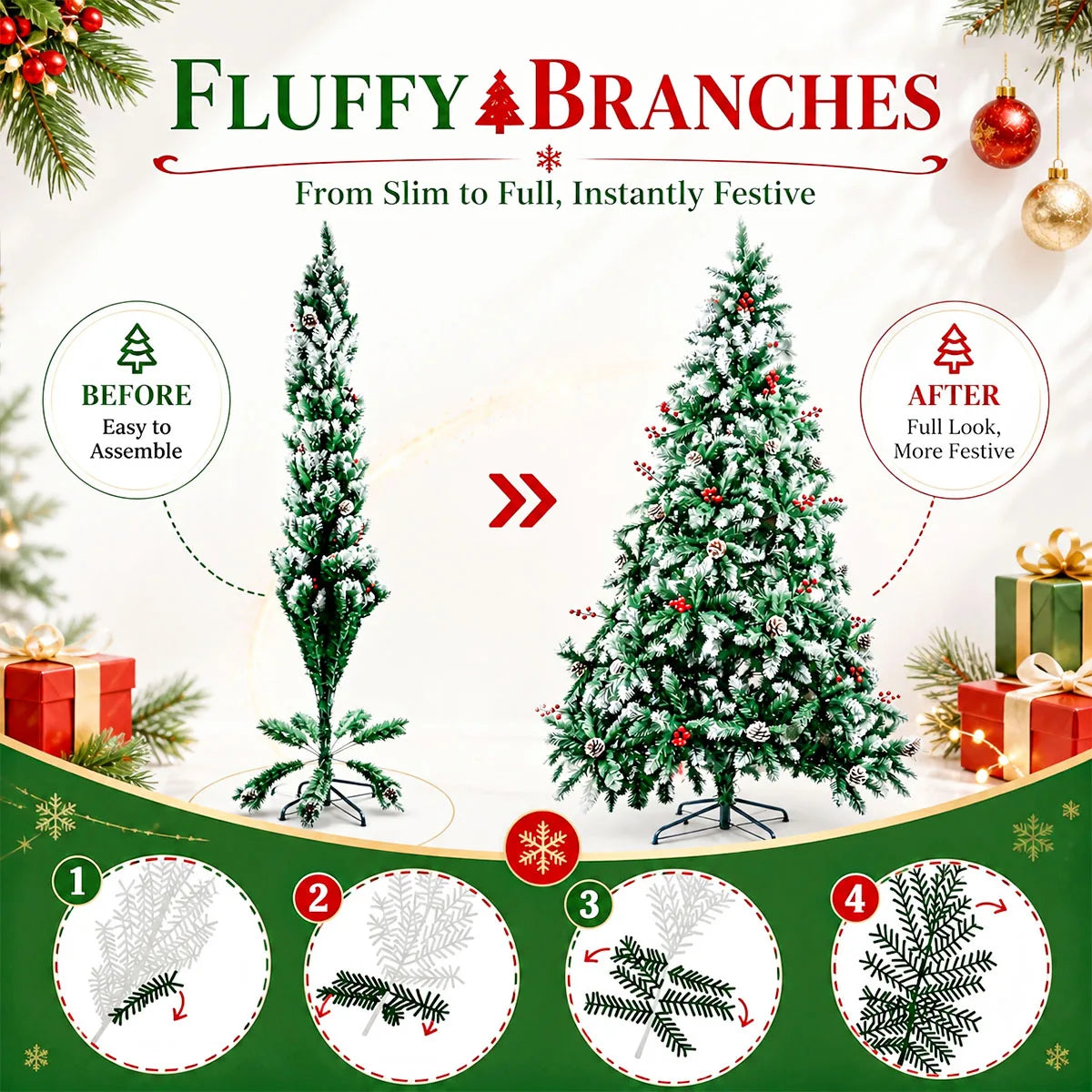 7FT 8FT Snow Flocked Artificial Christmas Tree with Pine Cones & Red Berries, Hinged Xmas Tree with Foldable Metal Stand for Indoor Holiday Home Decor