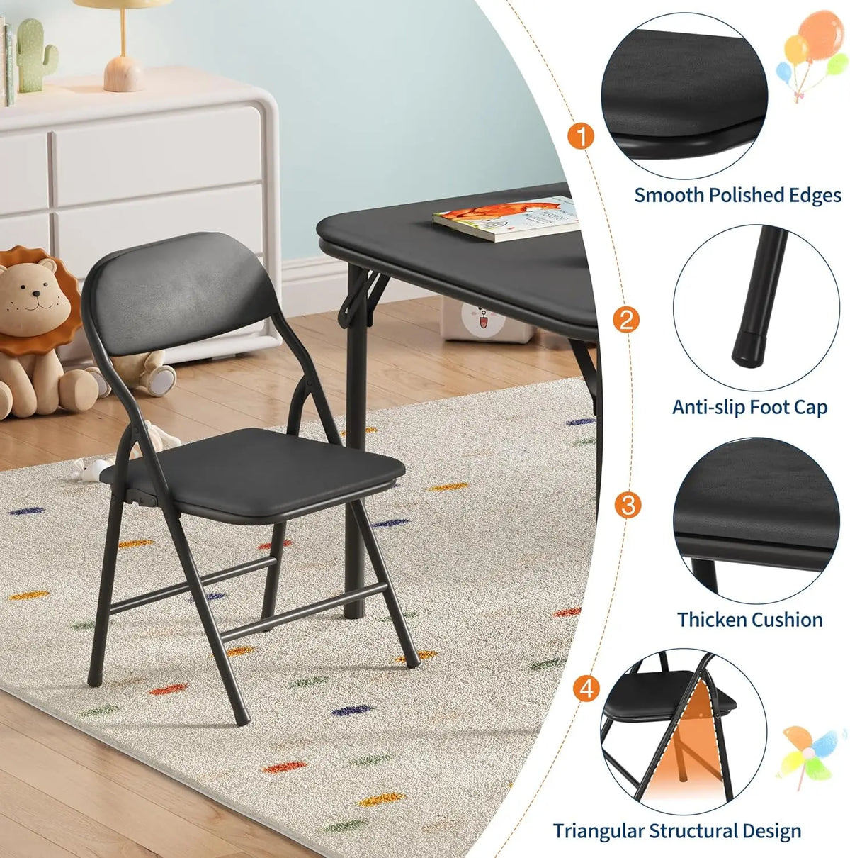 5-Piece Kids Folding Table and Chairs Set, Square Table | Foldable Children's Activity Table & Chair Set, Upholstered Chairs, Waterproof PU Top, No Assembly, Toddler Furniture
