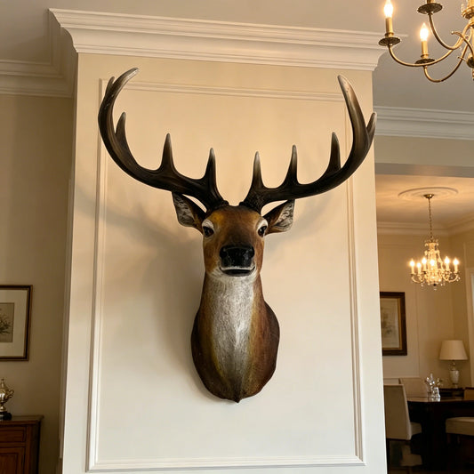 Wide Stag Head Wall Mount Sculpture, Resin Deer Bust with Antlers, Rustic Animal Wall Hanging Decor for Cabin, Lodge, Farmhouse, Home Interior