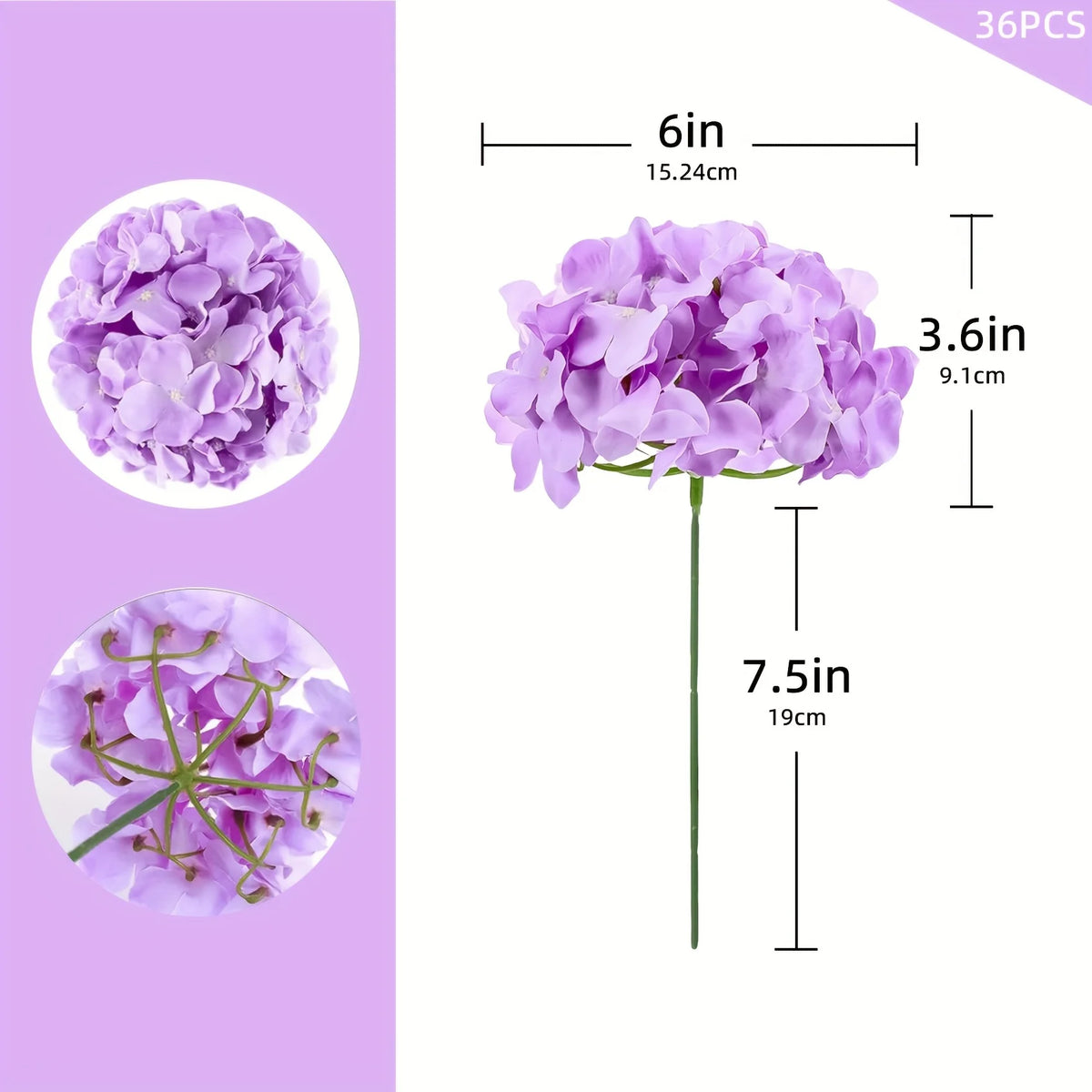 Realistic Touch 36pcs Light Purple Artificial Flower Hydrangea Heads with Stems - Simulated Flower Hydrangea, Hydrangea Artificial Flowers - Suitable for and Home Wedding Party Table Decoration, Bouquet Flower Arrangement Arc