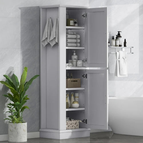 Freestanding Bathroom Storage Cabinet White MDF Tall Organizer with Adjustable Shelves and Side Hook Laundry Room Floor Unit