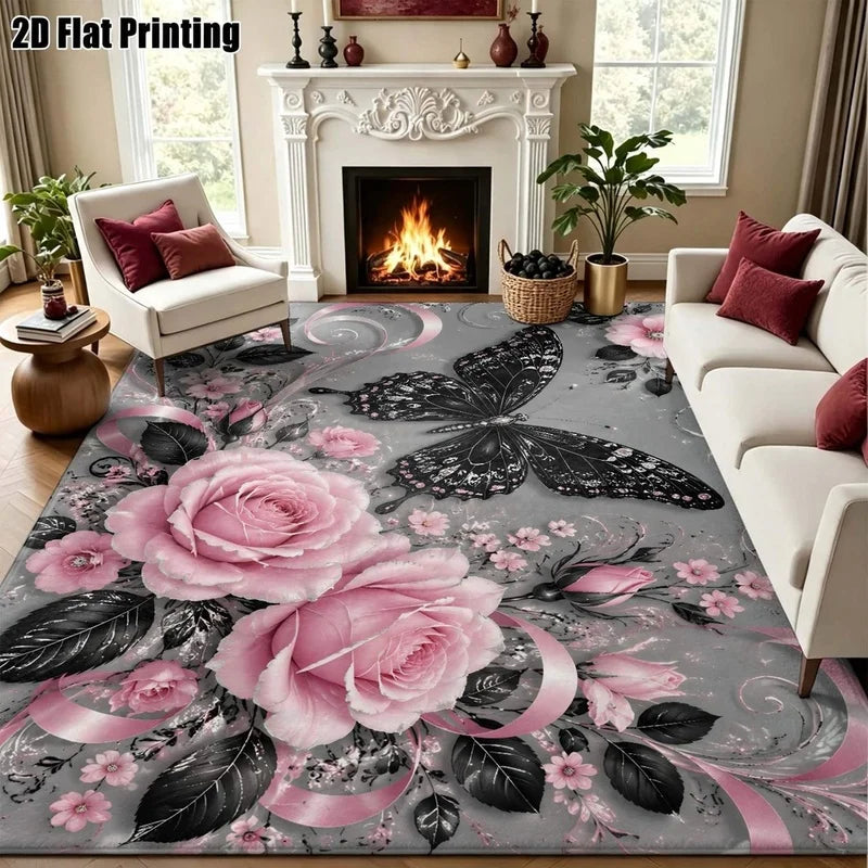 1Pc Light Luxury Retro Pink Rose Black Butterfly Printed Carpet, Warm Home Decoration, Artistic Decorative Carpet, Suitable for Living Room, Bedroom, Dining Room, Bedside, Indoor and Outdoor Patio, Home Decoration