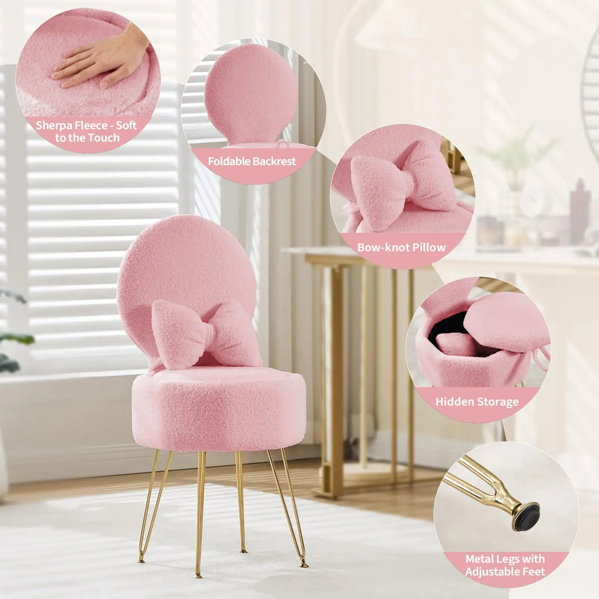 Vanity Stool Chair with Pillow & Foldable Backrest, Sherpa Fleece Vanity Chair with Stroage Space & Metal Legs, Soft Storage Ottoman, Modern Accent Chair for Makeup Bedroom Living Room
