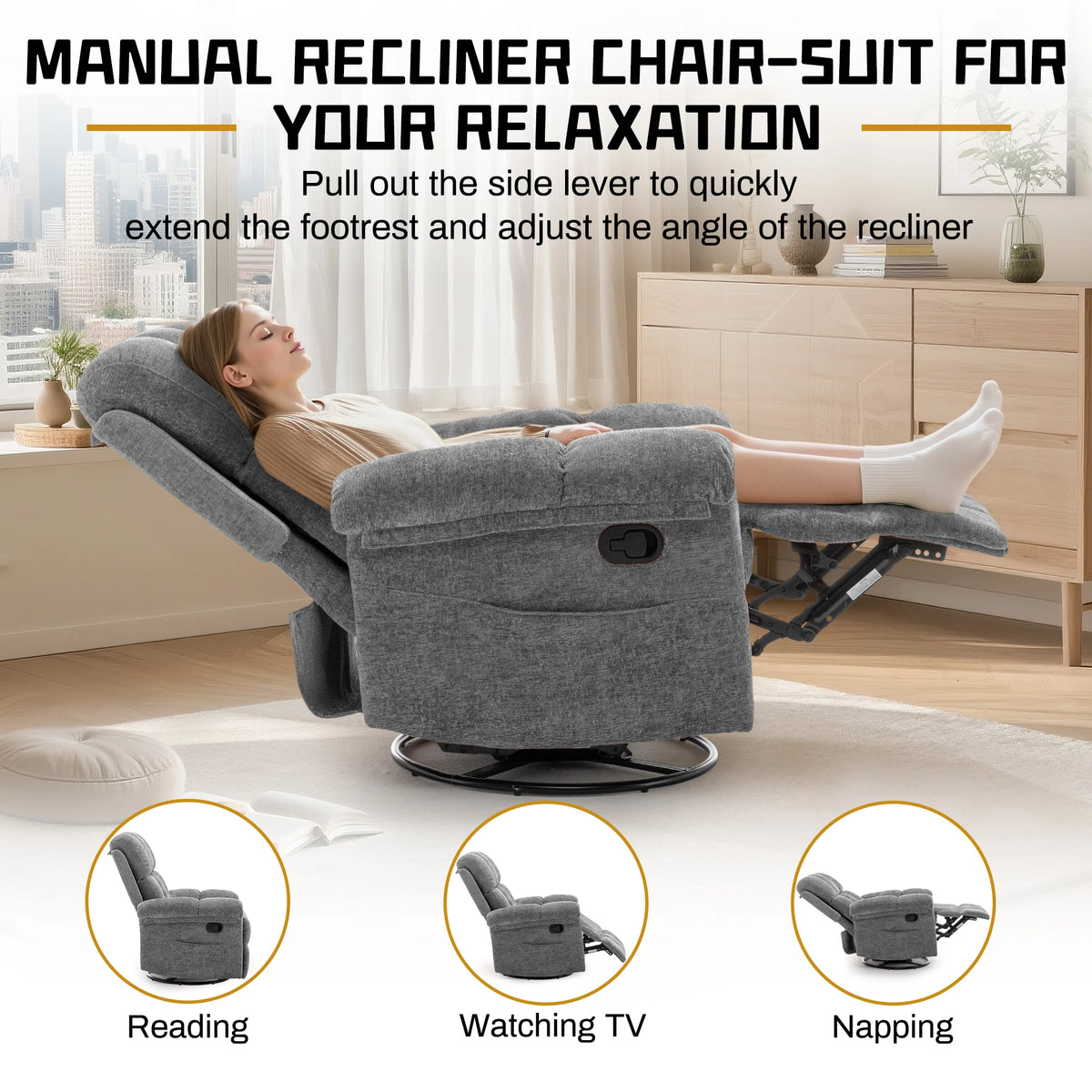 Korser Swivel Rocker Recliner Chair with Side Pockets Small Recliner for Small Spaces for Living Room, Nursery, Chenille