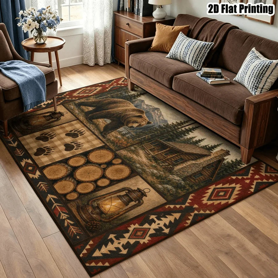 1Pc American Retro Bohemian Brown Bear Cabin Carpet, Machine Washable, Unique Decor, Retro Style Home Essential, Suitable for Living Room, Bedroom, Entryway, Office, Balcony and Other Areas