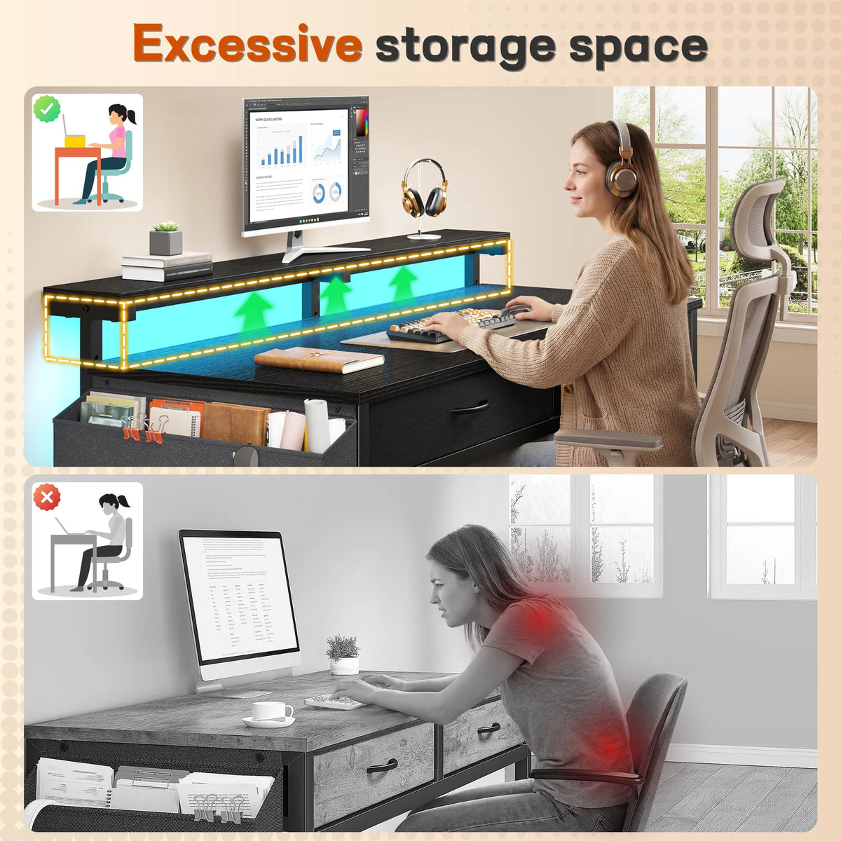 EnHomee 37.8"H RGB LED Study Writing Table Monitor Stand Computer Desk with 2 Fabric Drawers  Small Desk Anti-Tip Design for Home Office