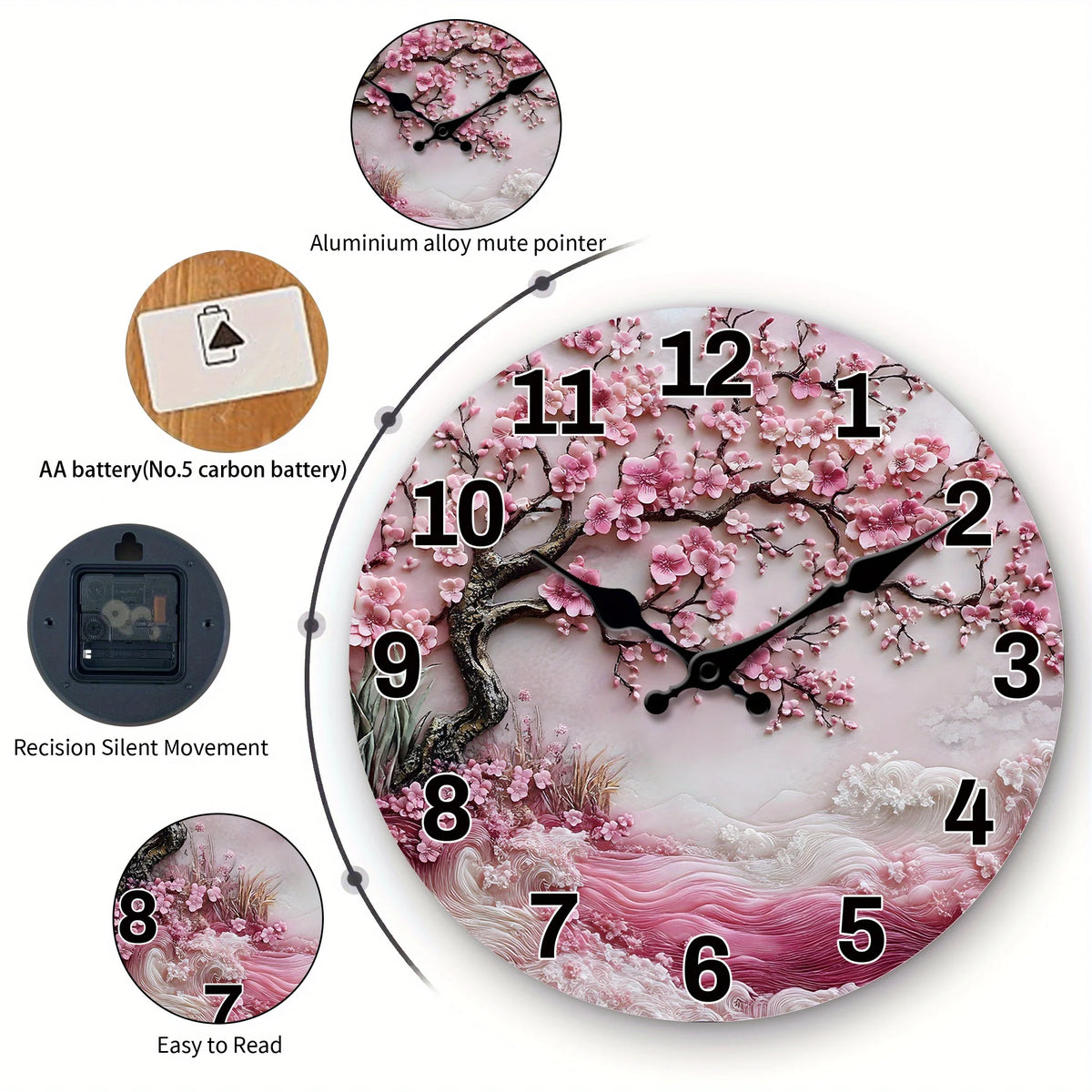 1pc, Japanese - Cherry - Blossom Themed Wooden Wall Clock, Designed with Pink - Cherry - Blossoms - and - Waves - Pattern, Silent Quartz Clock, Suitable for Living Room, Bedroom, Kitchen, Office Decoration, Modern Home Art De