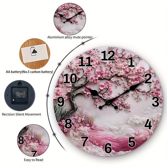 1pc, Japanese - Cherry - Blossom Themed Wooden Wall Clock, Designed with Pink - Cherry - Blossoms - and - Waves - Pattern, Silent Quartz Clock, Suitable for Living Room, Bedroom, Kitchen, Office Decoration, Modern Home Art De