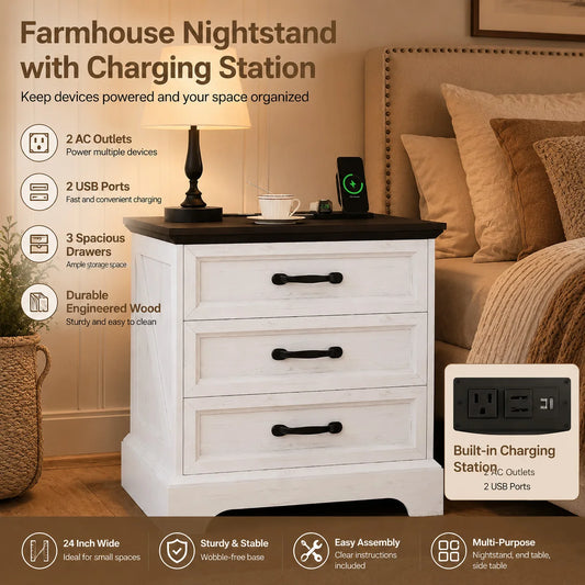 3 Drawer Farmhouse Bedside Cabinet with Charging Station, Storage Nightstand with USB Ports and Power Outlets for Bedroom Home