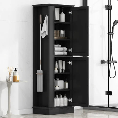 Freestanding Bathroom Storage Cabinet White MDF Tall Organizer with Adjustable Shelves and Side Hook Laundry Room Floor Unit