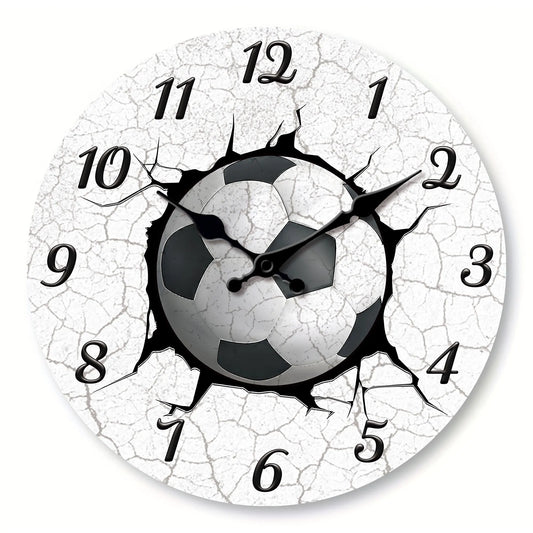1pc 25.4-40.64 cm Sports Football Wooden Wall Clock, Football Print Crack-Sports Theme Design Round Wall Clock-Silent Quartz Clock, Suitable for Living Room, Kitchen, Bedroom, Office, Gym Decoration, Home Decor, Wall Decor, G