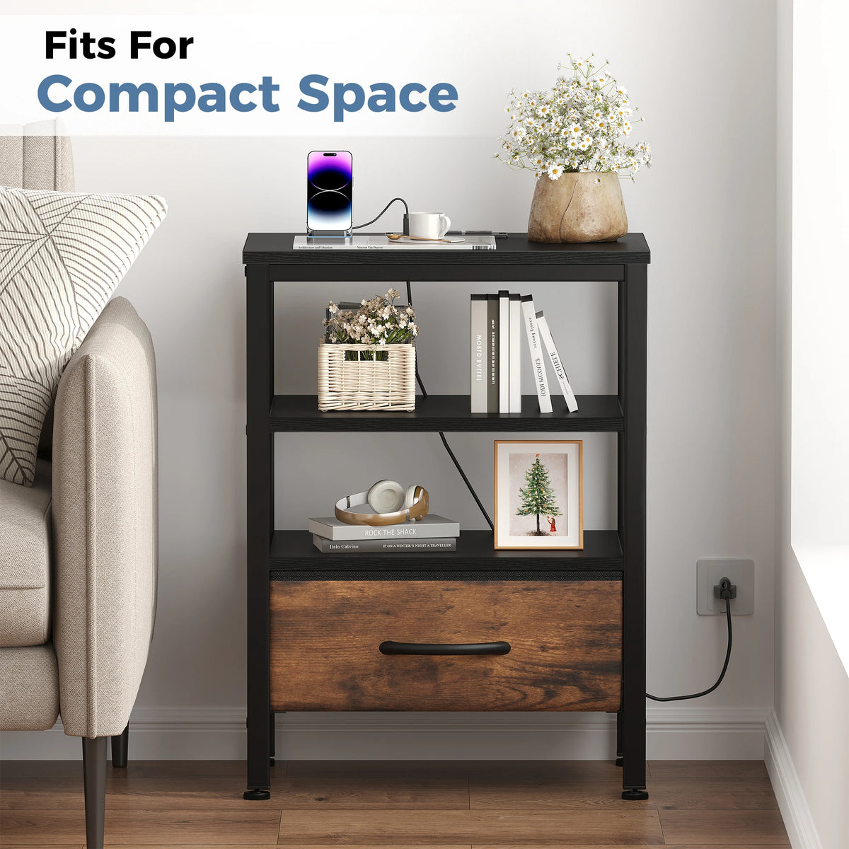 MCQ Nightstand Set of 2 Fabric Drawers with Charging Station Cabinets Bedside End Table Storage With Charging Station for Home