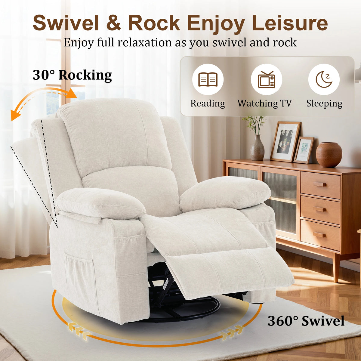 Korser Swivel Small Rocker Recliner Chair with Massage Chenille fabric Folding Armchair for Living Room，Bedroom