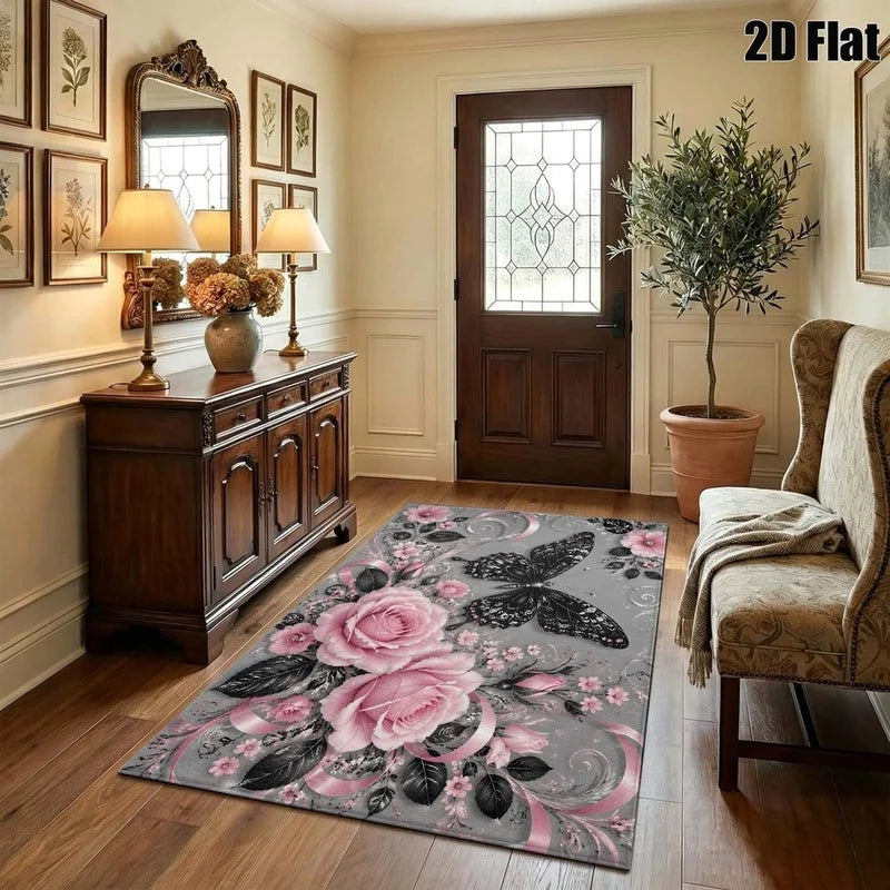 1Pc Light Luxury Retro Pink Rose Black Butterfly Printed Carpet, Warm Home Decoration, Artistic Decorative Carpet, Suitable for Living Room, Bedroom, Dining Room, Bedside, Indoor and Outdoor Patio, Home Decoration