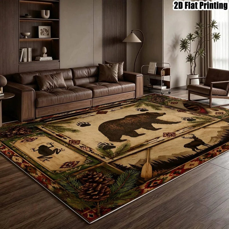 1Pc American Retro Bohemian Bear Deer Pinecone Print Carpet, Bohemian Style Decorative Carpet for Living Room, Bedroom, Dining Room, Bedside, Indoor and Outdoor Patio, Home Decor Accessories