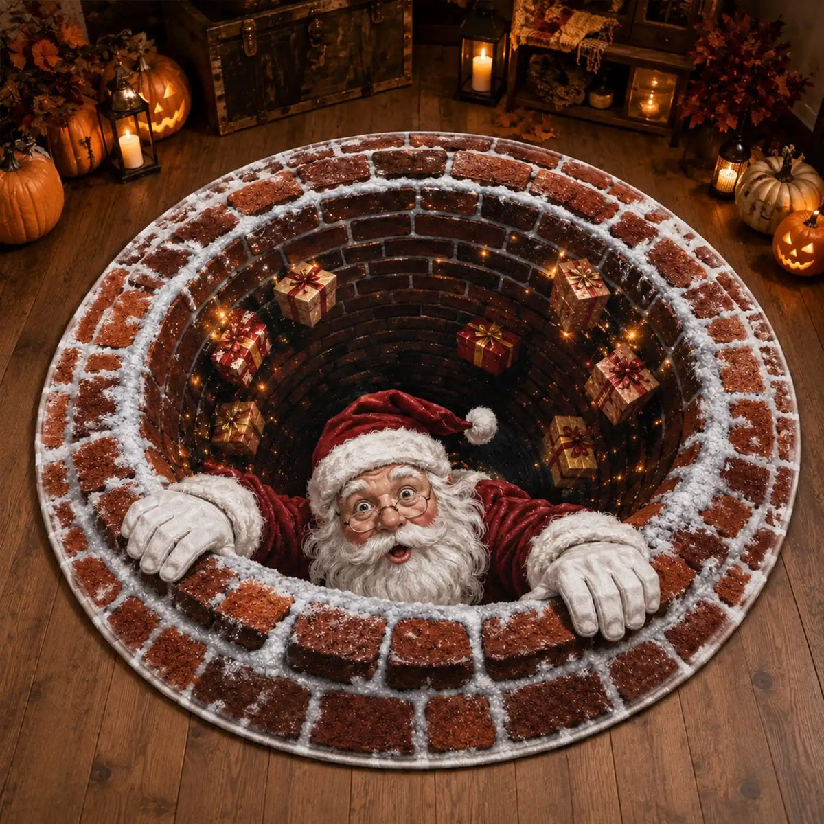 1PC Santa Claus chimney illusion printed circular carpet, fun visual effect 2D flat printed carpet, Christmas home decoration, suitable for living room, bedside, bedroom, entrance Christmas mats, holiday parties