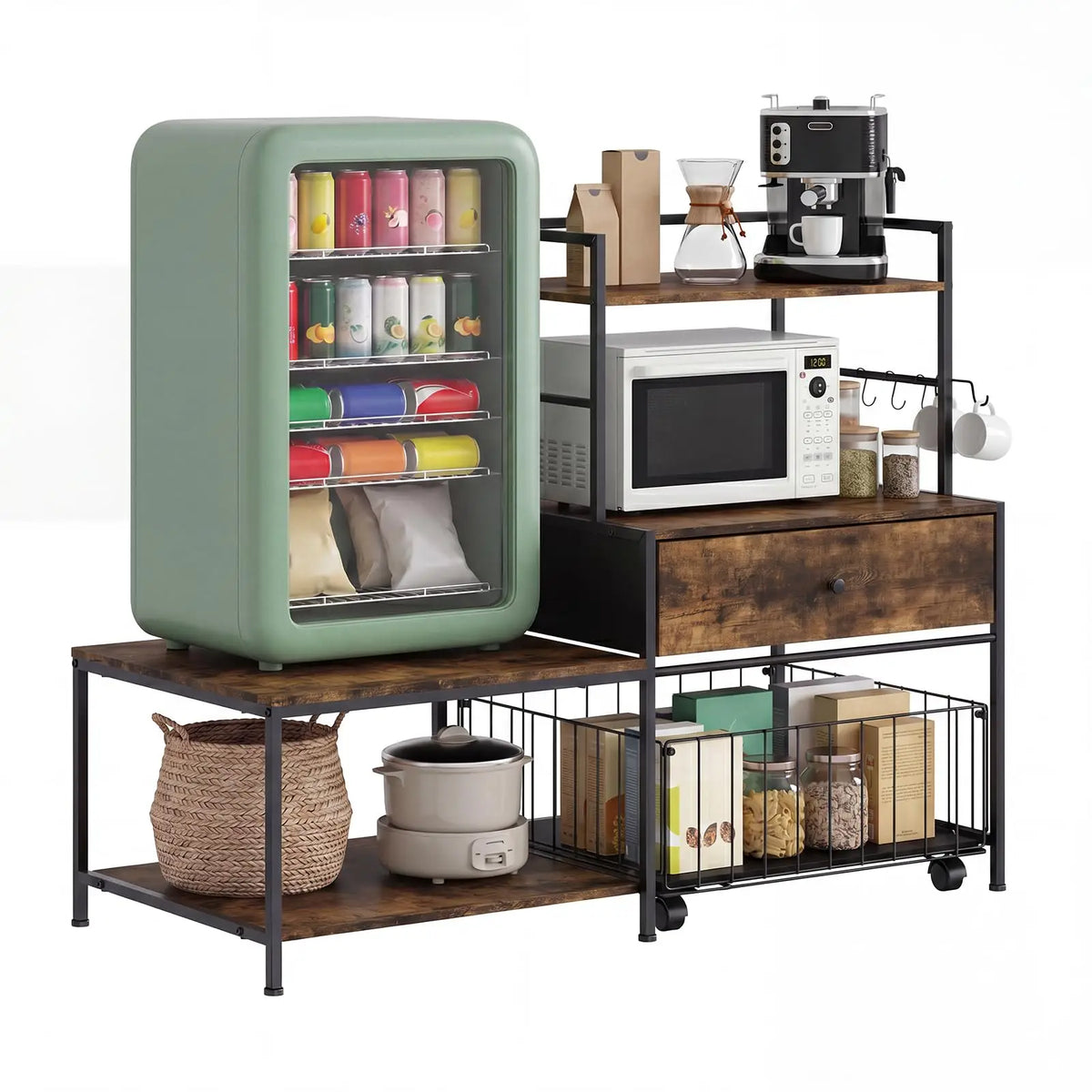 Mini Fridge Stand with Storage & Metal Drawers, Burn Color | 260 lb L-Shaped Utility Bakers Rack with Mini Fridge Space, 5-Tier Sturdy Microwave Stand and Coffee Station for Dorm, Office
