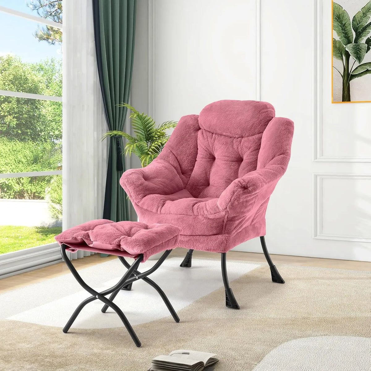 Lazy Chair with Ottoman, Large Lounge Accent Chair, Comfy Armchair with Folding Footrest,Reading Armchair for Bedroom