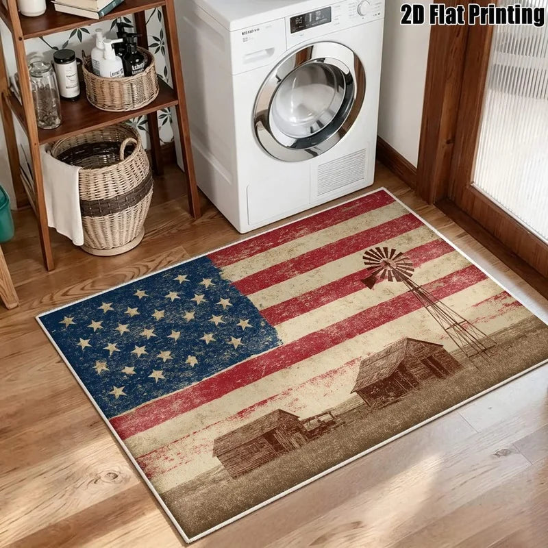1Pc American Retro Flag Farmhouse Style Print Carpet, Bohemian Style Decorative Rug for Living Room, Bedroom, Dining Room, Bedside, Indoor and Outdoor Patio, Home Decor Accessories