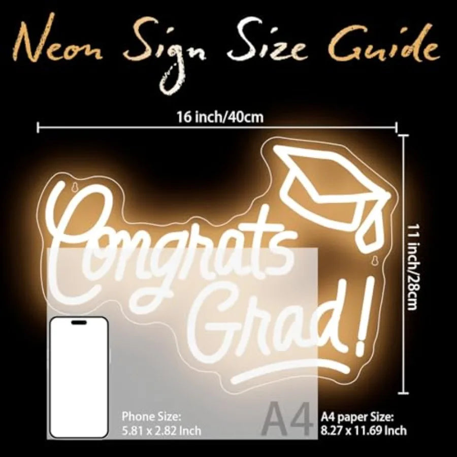 Congrats Grad Neon Sign with Graduation Cap, 16*11In Warm White Grad Light Up Led Sign for Class of 2026 Graduation Party Decor