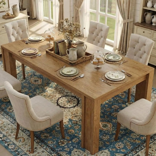 71 Inch Farmhouse Dining Table For 6-8, Rectangular Wood Kitchen Table With Thick Top, Wide H-Legs, 400lb Support For Dining Room