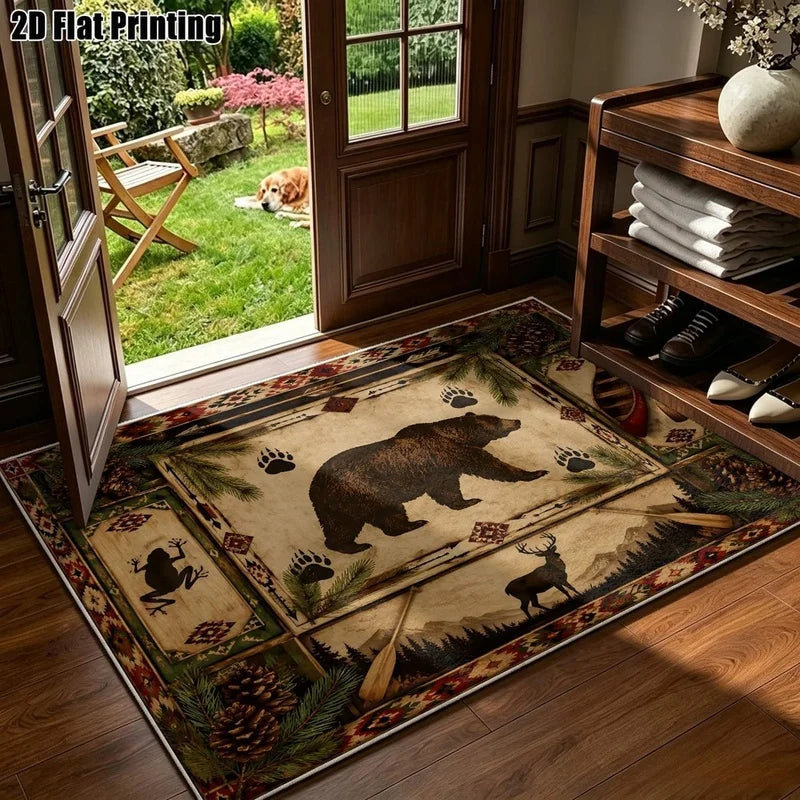 1Pc American Retro Bohemian Bear Deer Pinecone Print Carpet, Bohemian Style Decorative Carpet for Living Room, Bedroom, Dining Room, Bedside, Indoor and Outdoor Patio, Home Decor Accessories