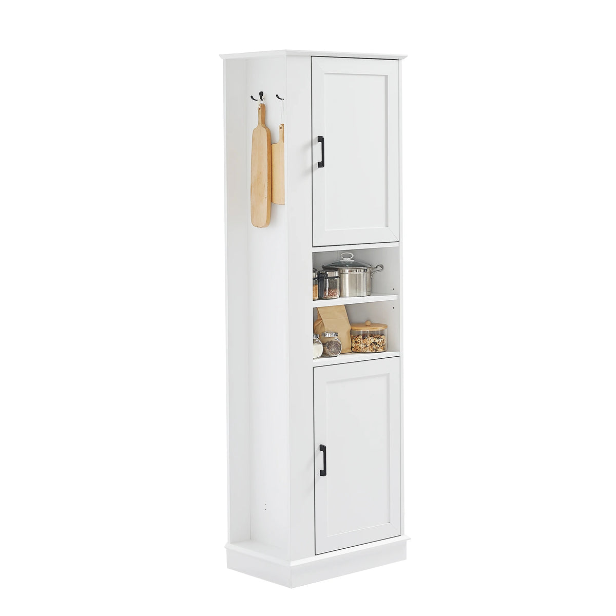 Freestanding Bathroom Storage Cabinet White MDF Tall Organizer with Adjustable Shelves and Side Hook Laundry Room Floor Unit
