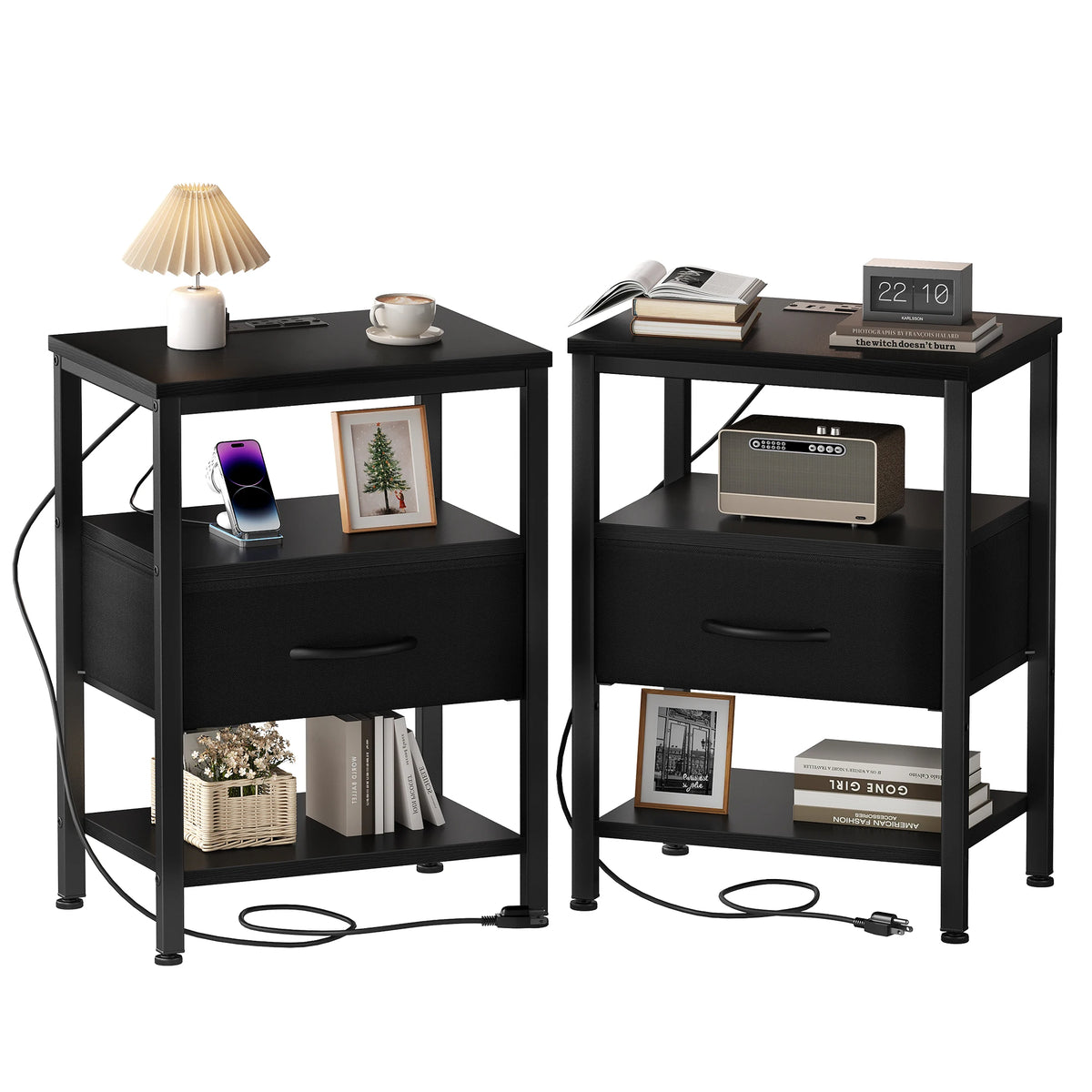 MCQ Nightstand Set of 2 Fabric Drawers with Charging Station Cabinets Bedside End Table Storage With Charging Station for Home