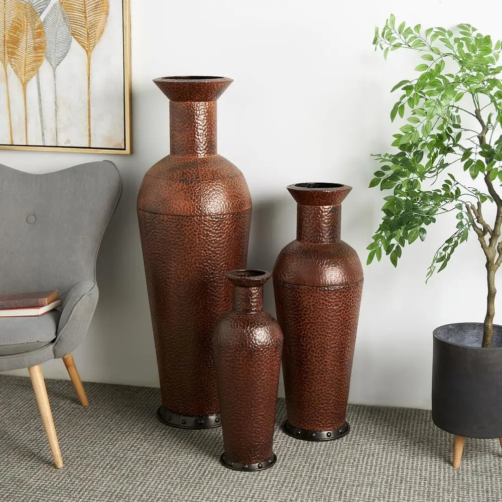 Set of 3 Tall Decorative Vases with Bubble Texture and Studs, 50, 35, 26H, Dark Brown for Indoor/Outdoor Home Decor