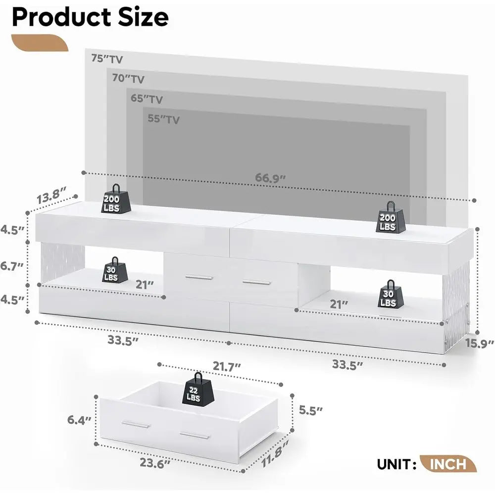 High Gloss LED Entertainment Center Stand for TVs up to 75 Inch with Stone-Edged Do TV with Der & Storage for Living Room
