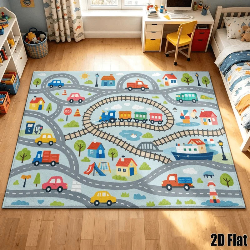 1Pc Cartoon Transportation Town Pattern Printed Rug, Retro Art Decorative Rug for Living Room, Bedroom, Dining Room, Bedside, Indoor and Outdoor Patio, Home Decor