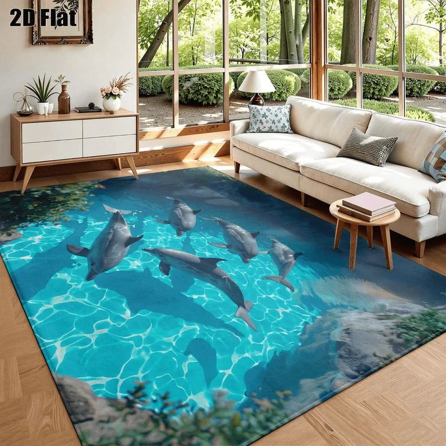 1Pc Dolphin Pattern Rug, Ocean Style Blue Decorative Rug, Suitable for Living Room, Bedroom, Dining Room, Bedside, Indoor and Outdoor Patio, Home Decoration Accessories