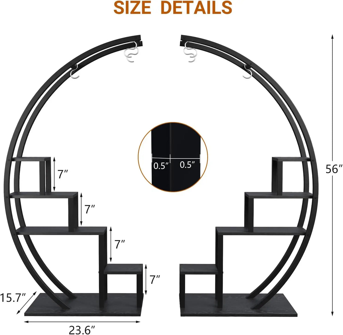 5 Tier Metal Plant Stand Pack of 2, Half-Moon Shape Plant Rack with Hanging Hooks, Tall Ladder Flower Display Shelf, Plant Holder for Home Decor, Garden, Balcony (Black)