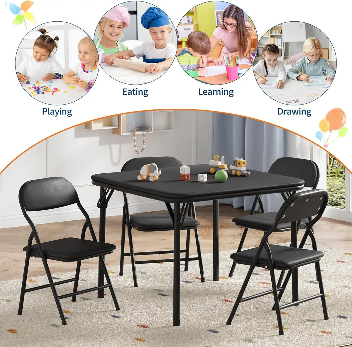 5-Piece Kids Folding Table and Chairs Set, Square Table | Foldable Children's Activity Table & Chair Set, Upholstered Chairs, Waterproof PU Top, No Assembly, Toddler Furniture